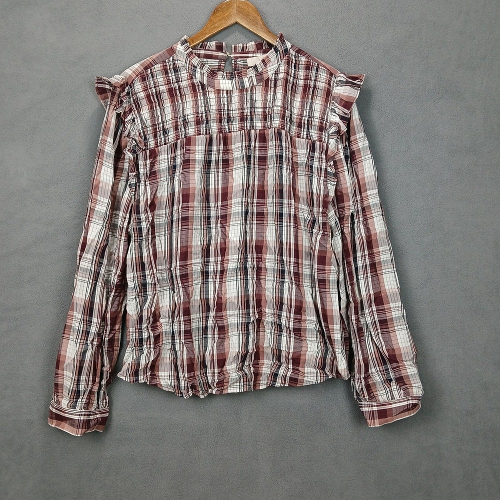 Loft Blouse Top Womens 2XL Multicolor Plaid Ruffle Smocked Yoke Back Keyhole‎
